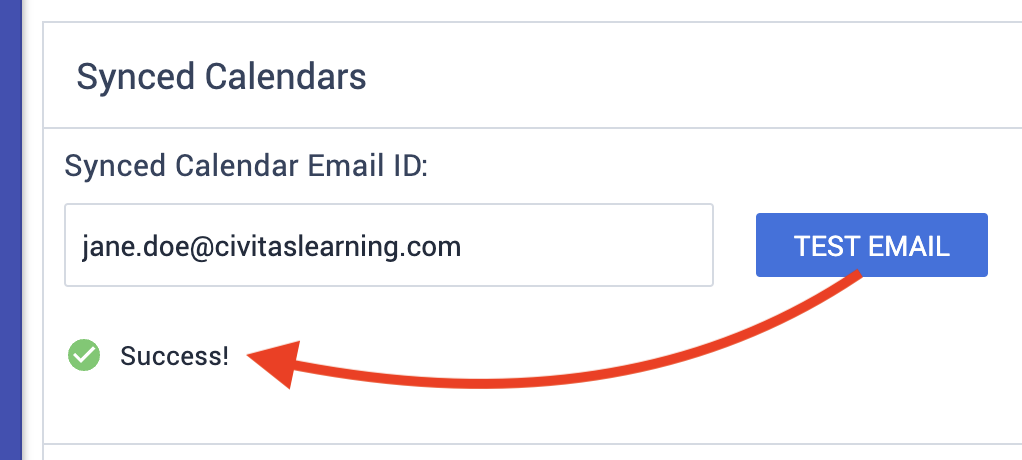 In Synced Calendars, use the Test Email button to verify the integration