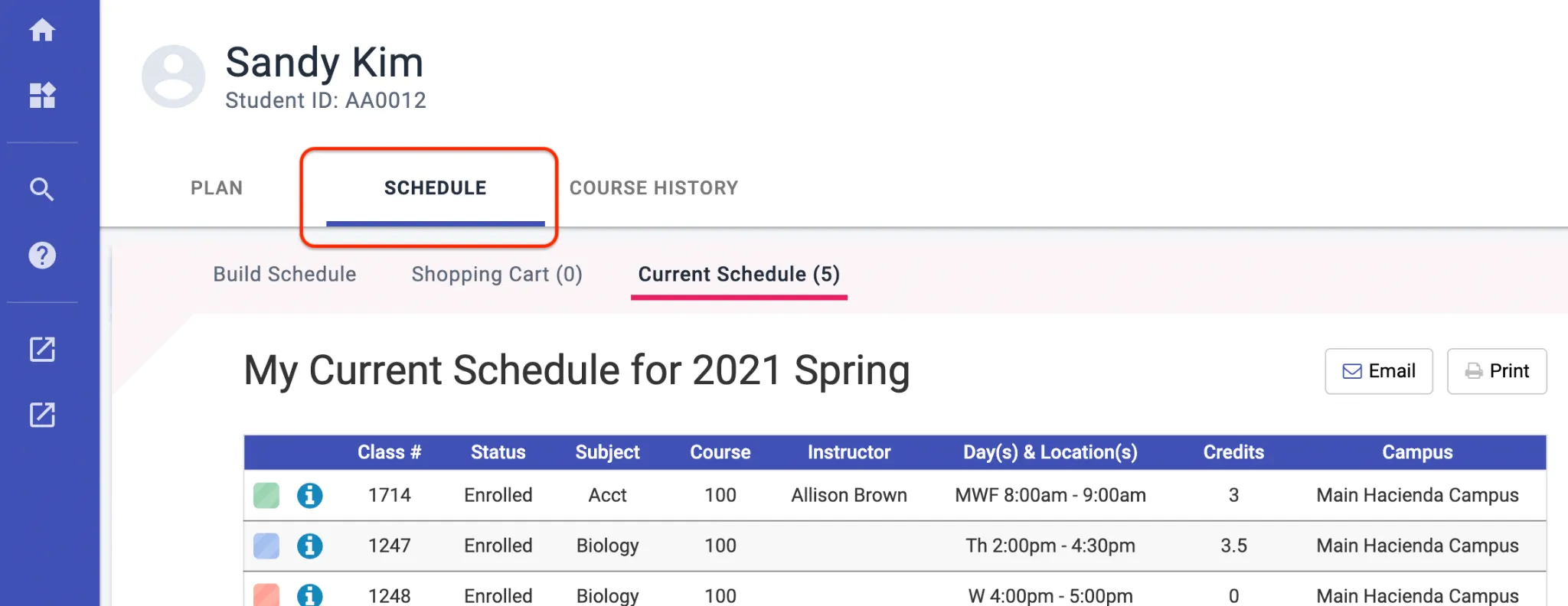 On the Schedule tab, you can check the student's progress toward registration and confirm their current schedule.