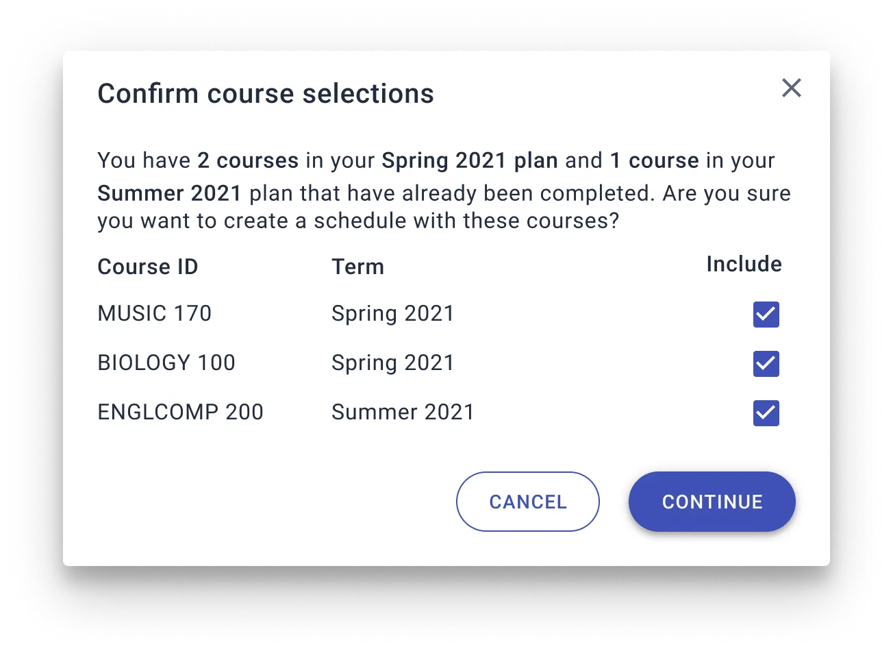 Repeating a courses is detected before sending courses to Scheduling. You are prompted whether to include the repeats.