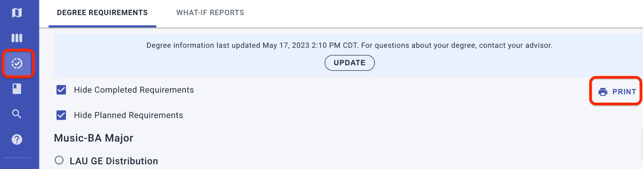 Requirements can be printed only from the Degree Requirements tab