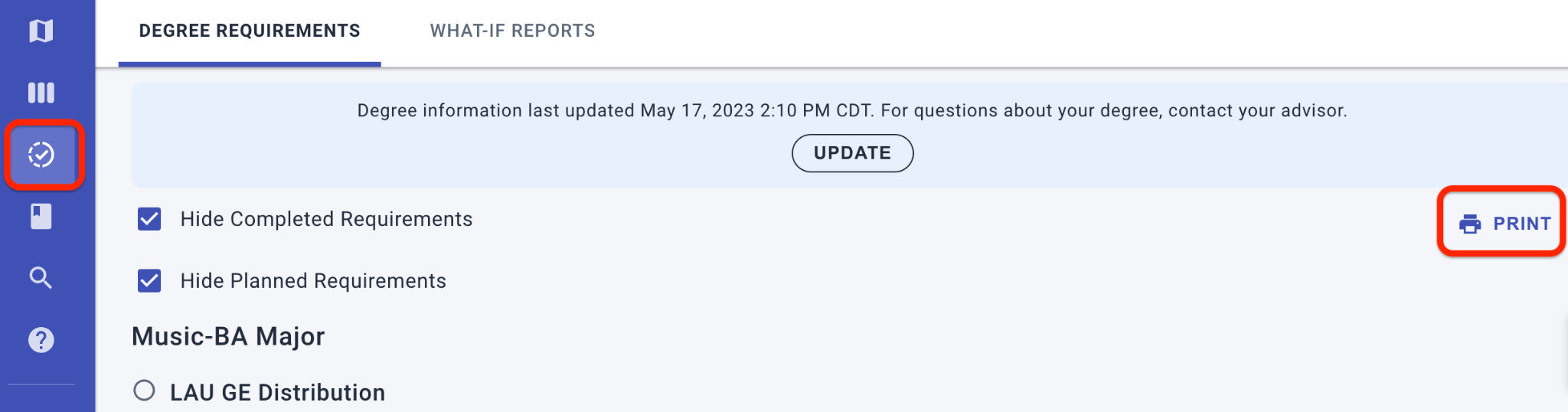 Requirements can be printed only from the Degree Requirements tab