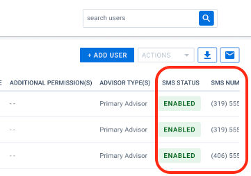 Scroll right for columns on SMS Status and SMS Number