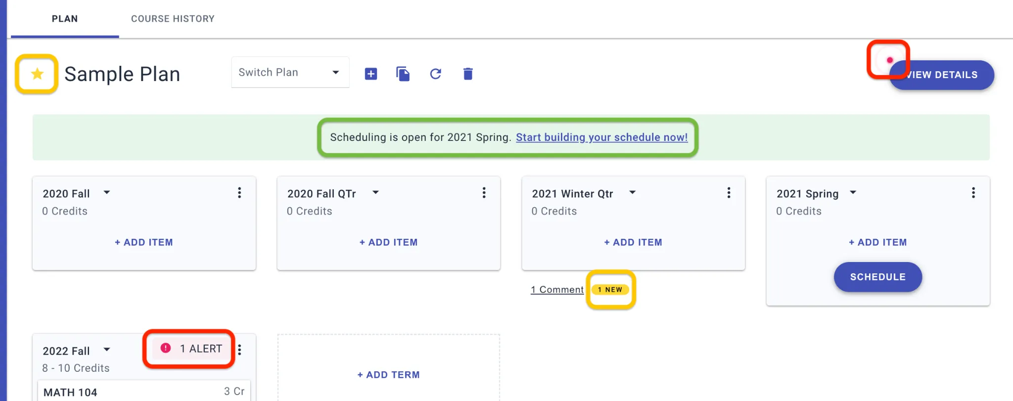 Signals display if a plan is set as primary, alerts associated with a term, new comments, and new changes made in the change log.