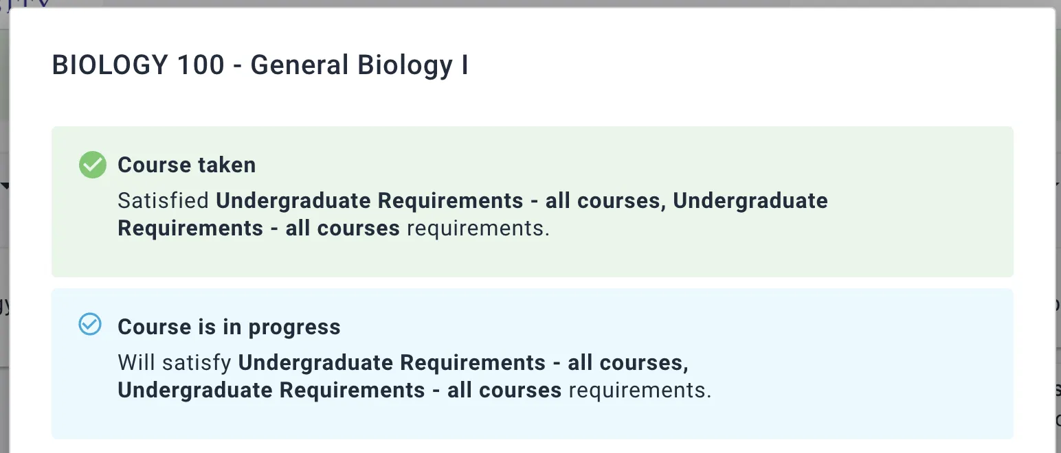 Status for courses on your plan appear as icons. Solid icons flag completed courses, and outlined icons mean 