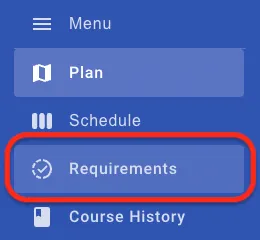 The Requirements menu is available even if the student has no plan created