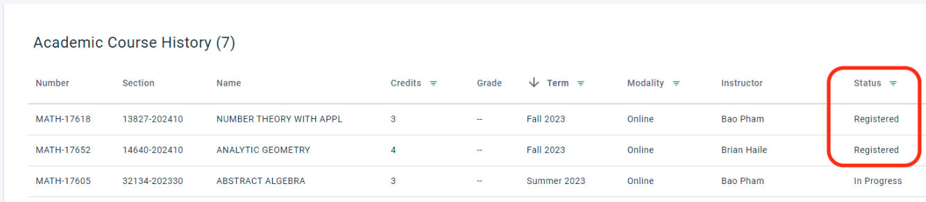 The Status column shows courses that are Registered