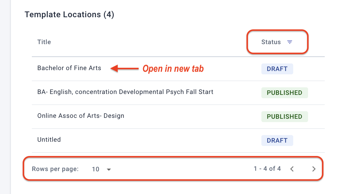 The Template Locations table lets you filter by status and open the templates in a new tab