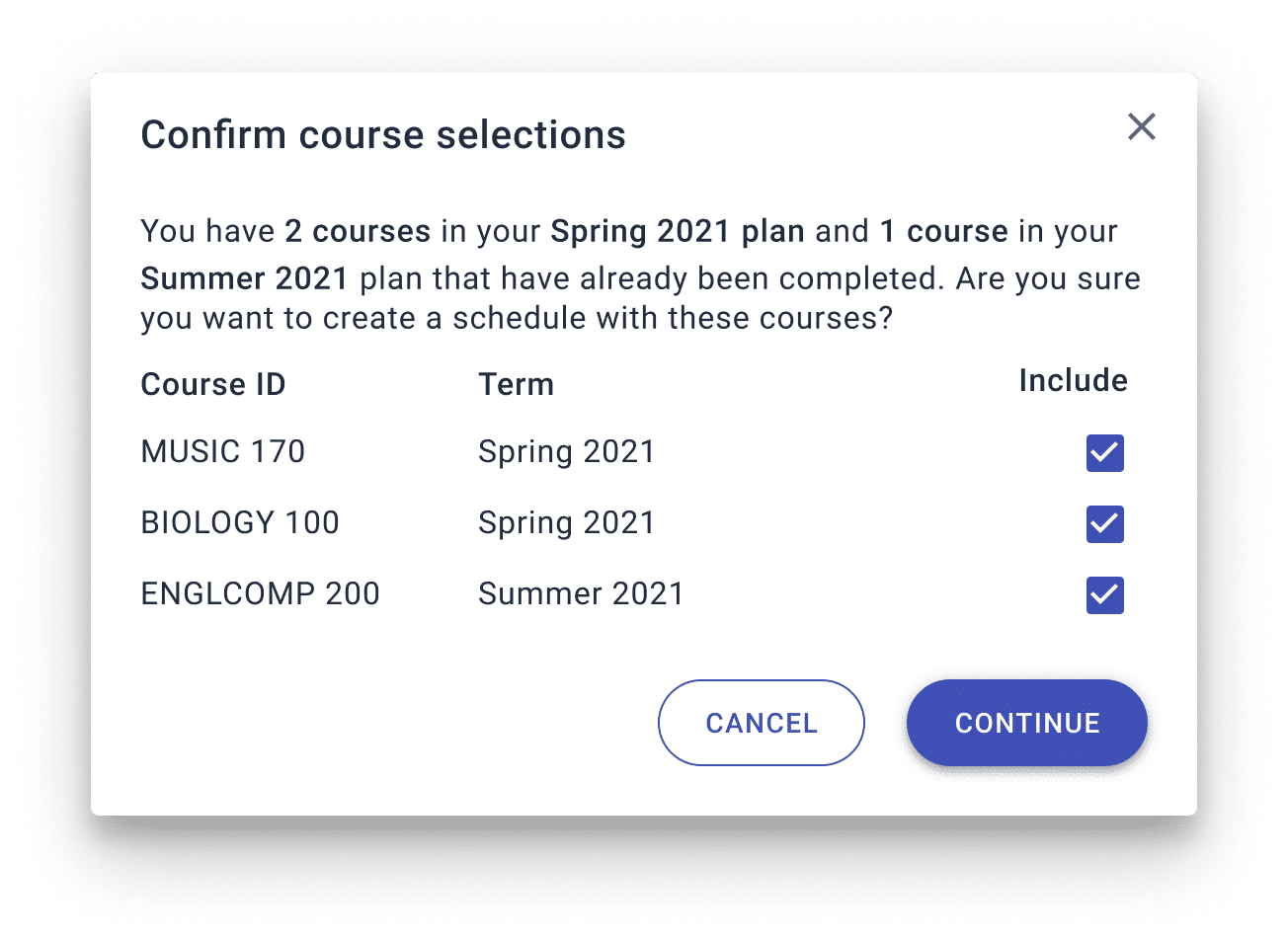 You are prompted to confirm scheduling any courses which appear to be already completed