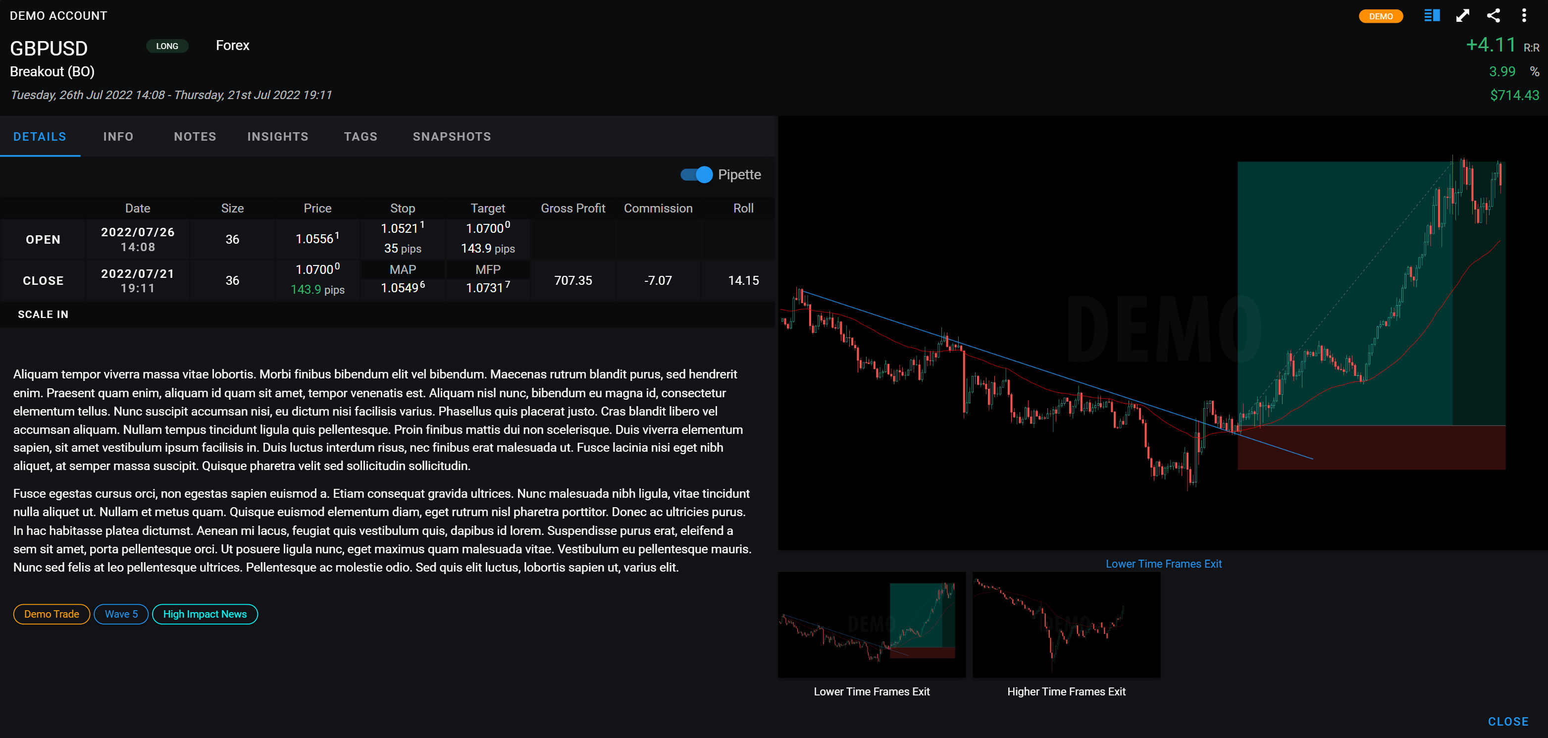 The split view feature allows you to view your trade snapshots alongside the selected current trade information for improved analysis and comparison.