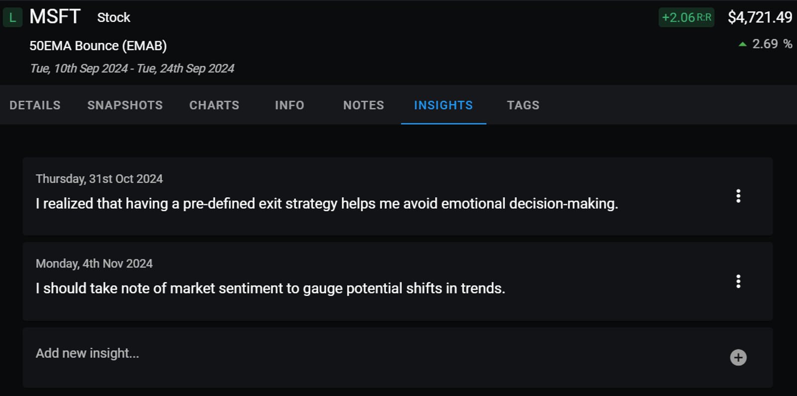 Screenshot of an online trading journal app named 'Trading Vault' showing a list of insights and learnings.