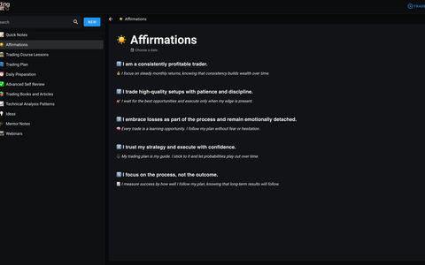 Screenshot of an online trading journal app named 'Trading Vault' showing the notebook feature.