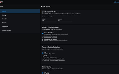 Screenshot of an online trading journal app named 'Trading Vault' showing the settings feature.