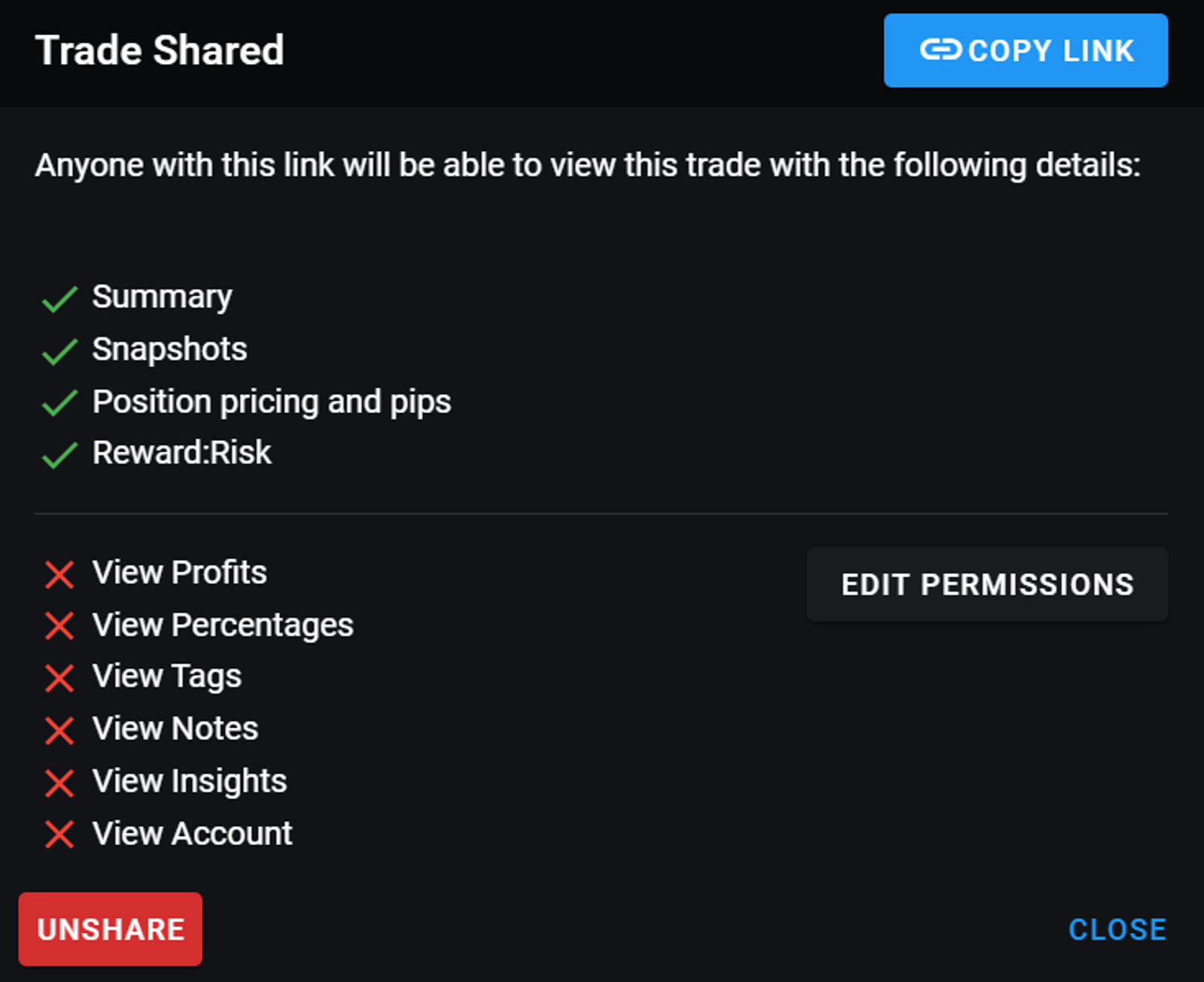 Screenshot of an online trading journal app named 'Trading Vault' showing the 1-click trade sharing feature.