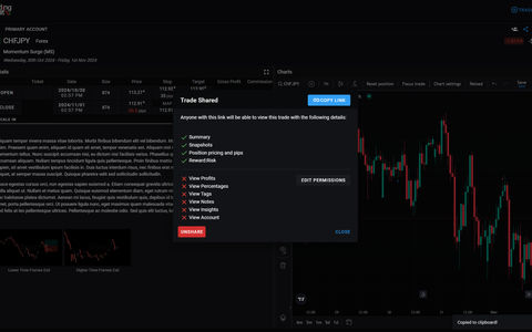 Screenshot of an online trading journal app named 'Trading Vault' showing the sharing feature.