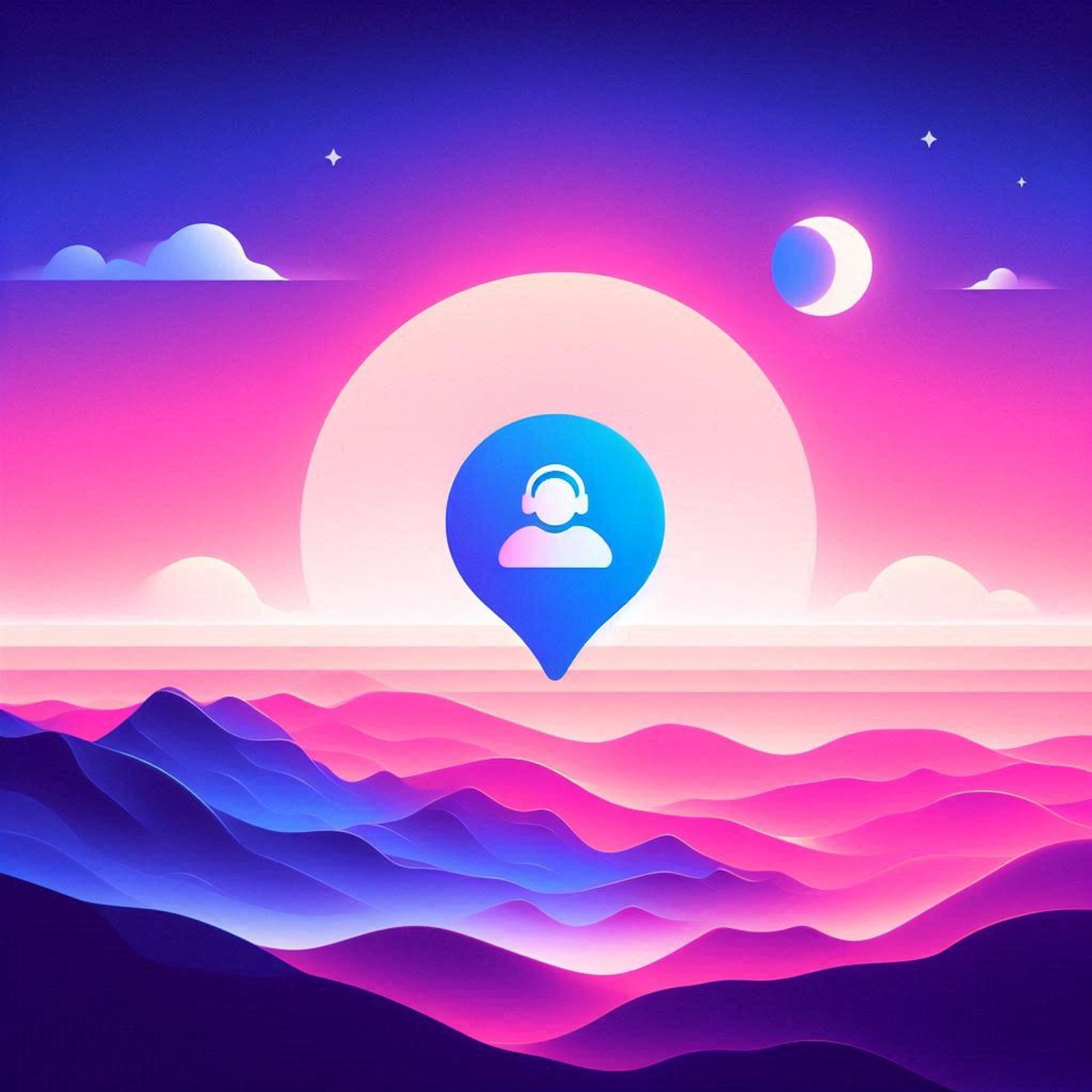 Gradient background with a support icon in the center, featuring colors transitioning from blue to purple to fuchsia.