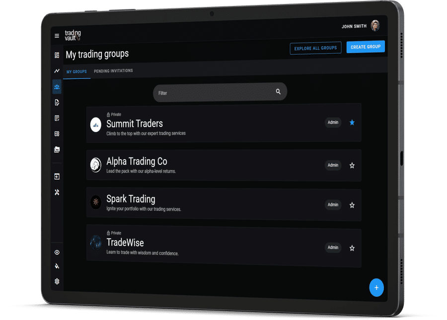 Trading Vault groups page displayed on a tablet