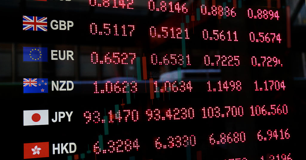 Real world bank exchange rate board showing different currency values
