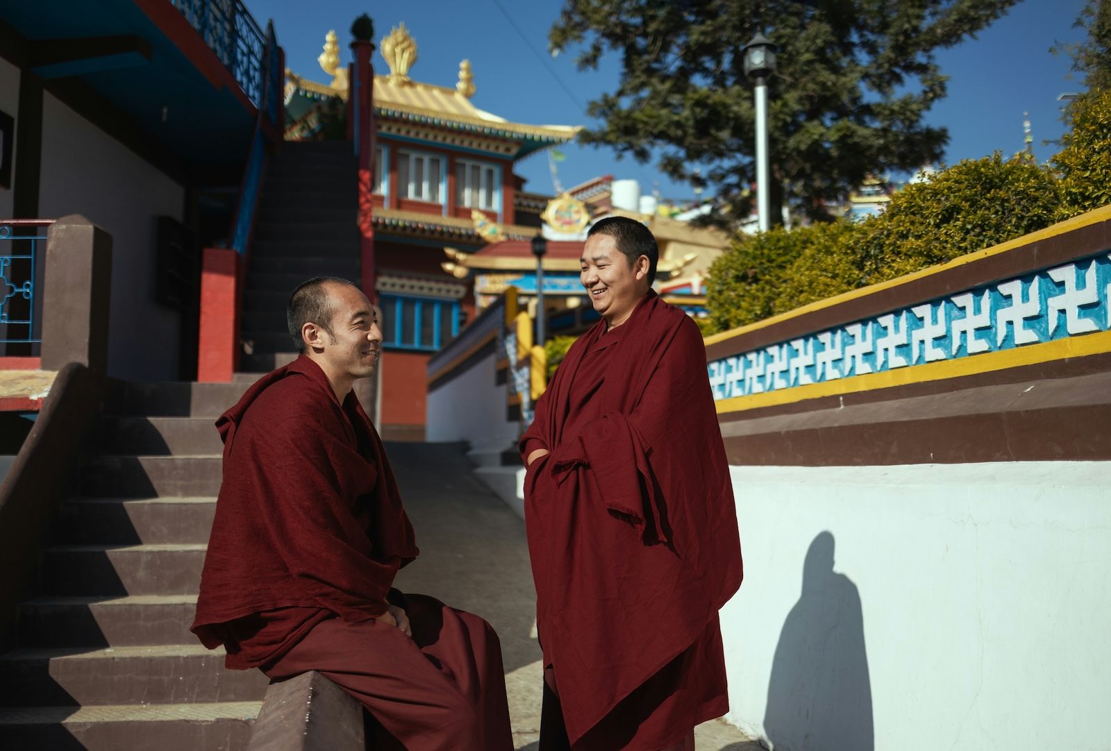 Monks walking along a historic trail in Bhutan
