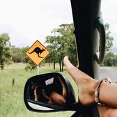 Een dame neemt een foto van een verkeersbord met een kangoeroe vanuit een camper in Australië