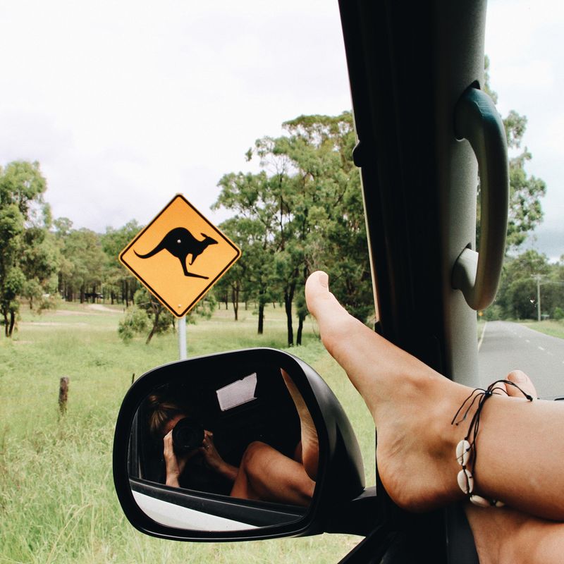 A lady takes a photo of a kangaroo road sign from a campervan in Australia