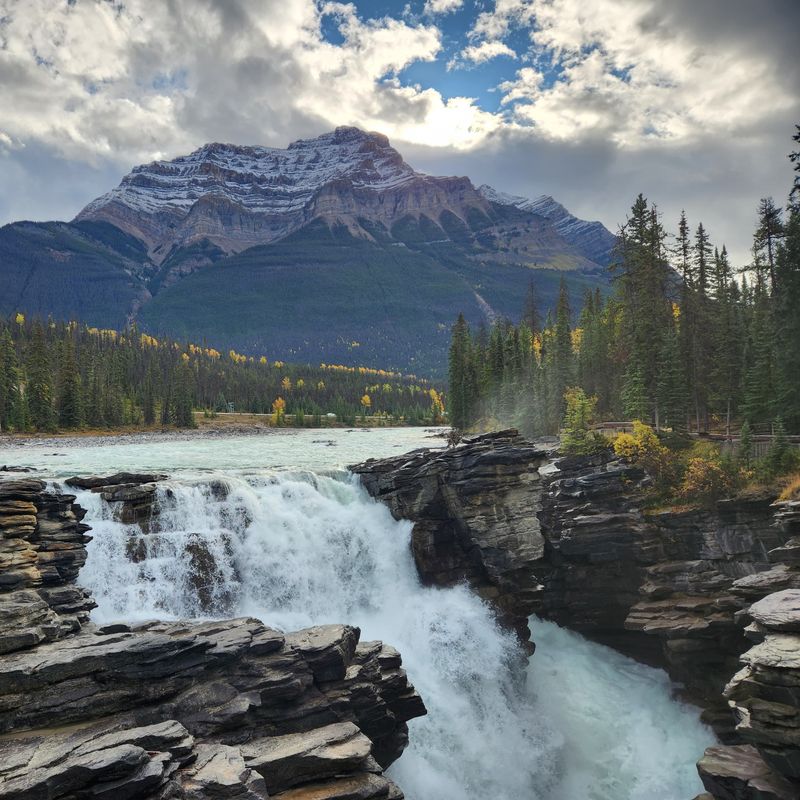 A river flows into a cascade with trees and mountains in the background in Banff National Park, Canada
