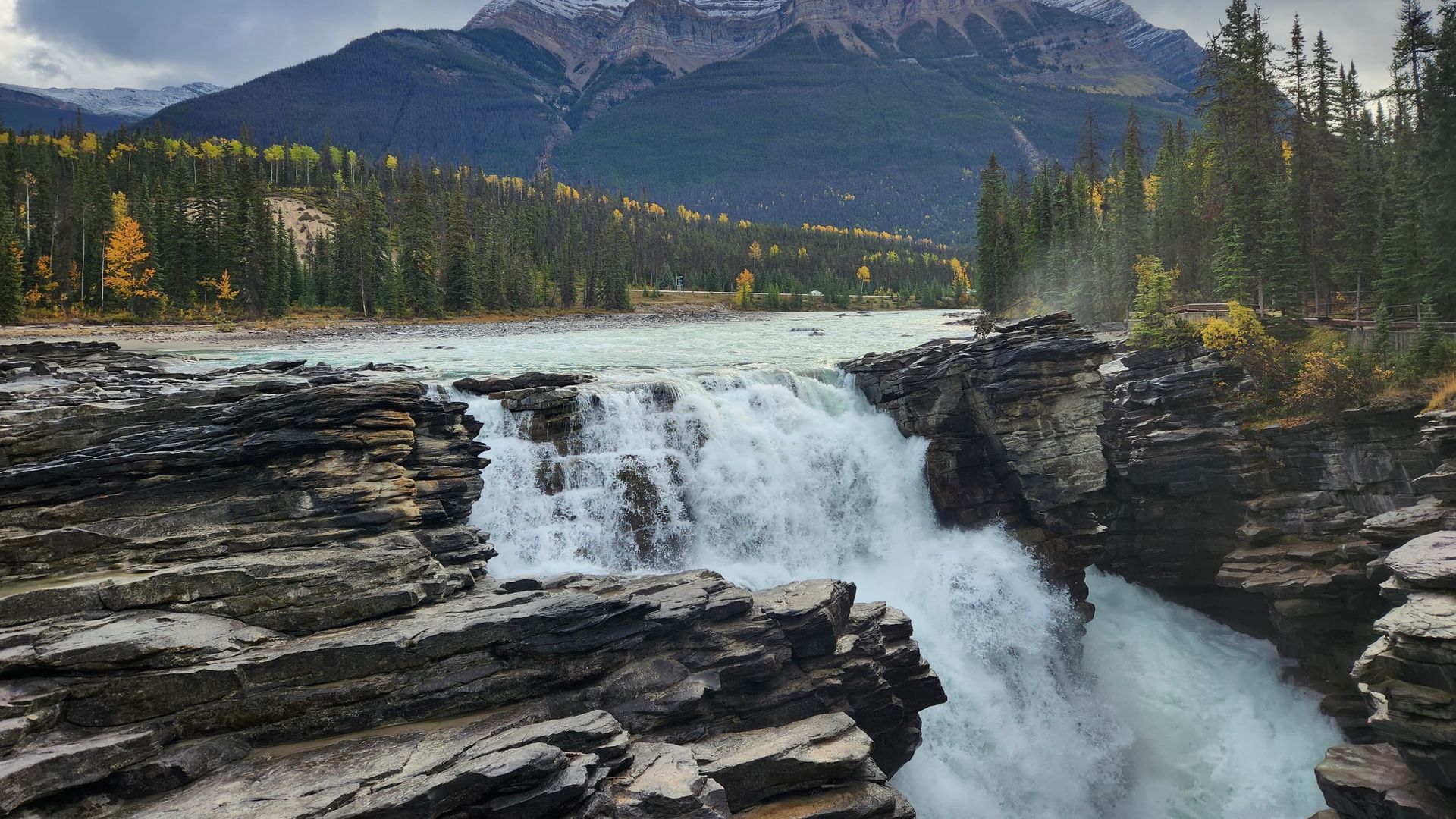A river flows into a cascade with trees and mountains in the background in Banff National Park, Canada
