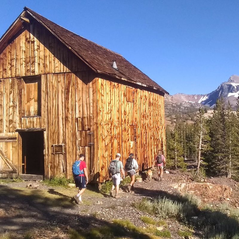 Een familie wandelt langs een houten hut in Yosemite National Park, Californië, VS