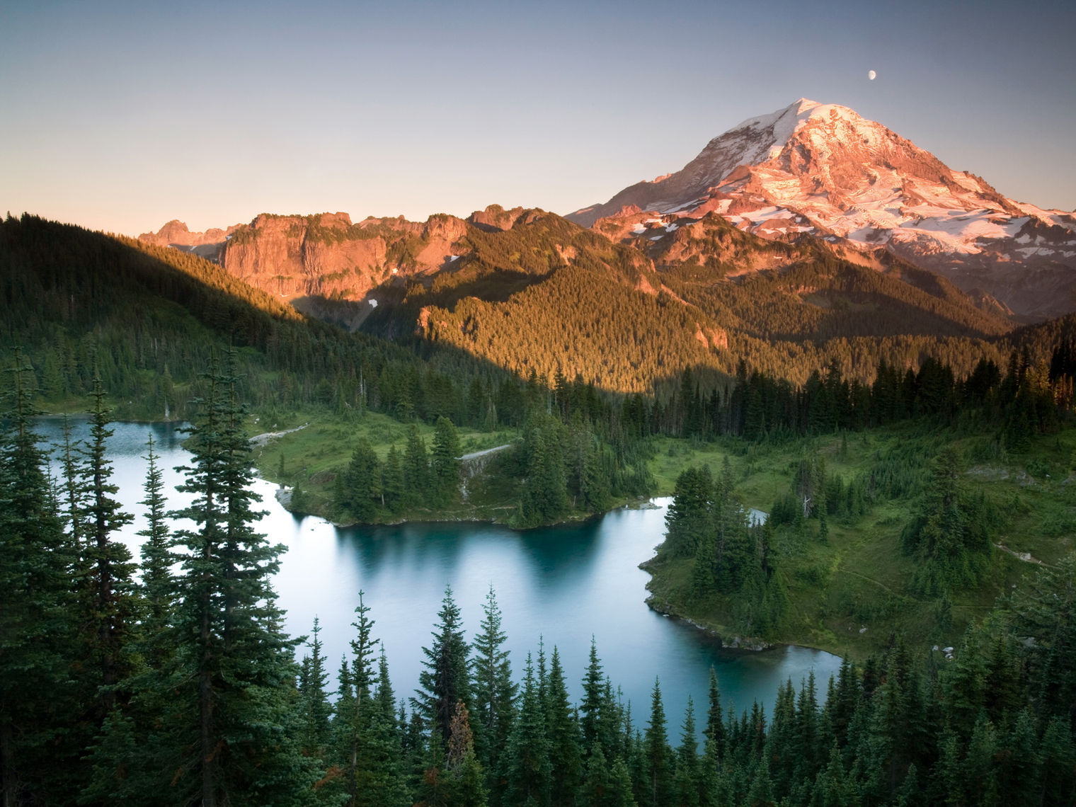 Above view of mount rainier: mountains, lakes, forest