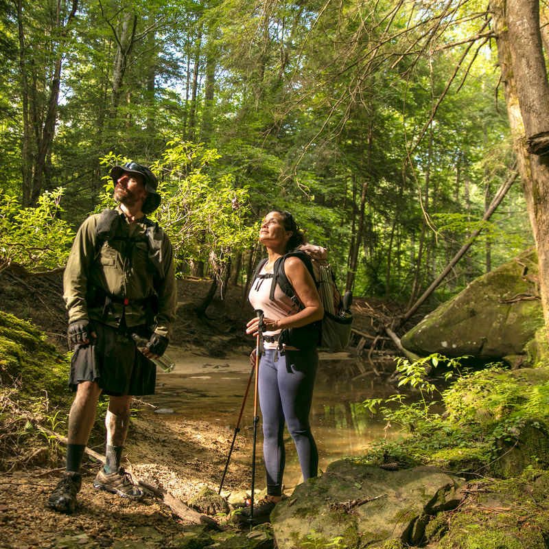 A pair of hikers stopped on the trail to admire the view of Bankhead National Forest in Alabama, USA