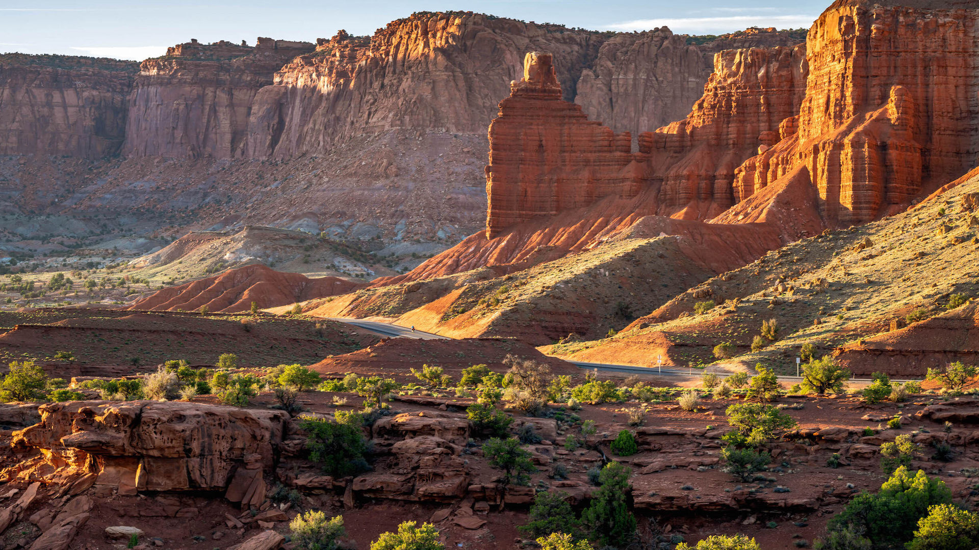 Rote Felslandschaft in Utah mit grünen Büschen im Vordergrund