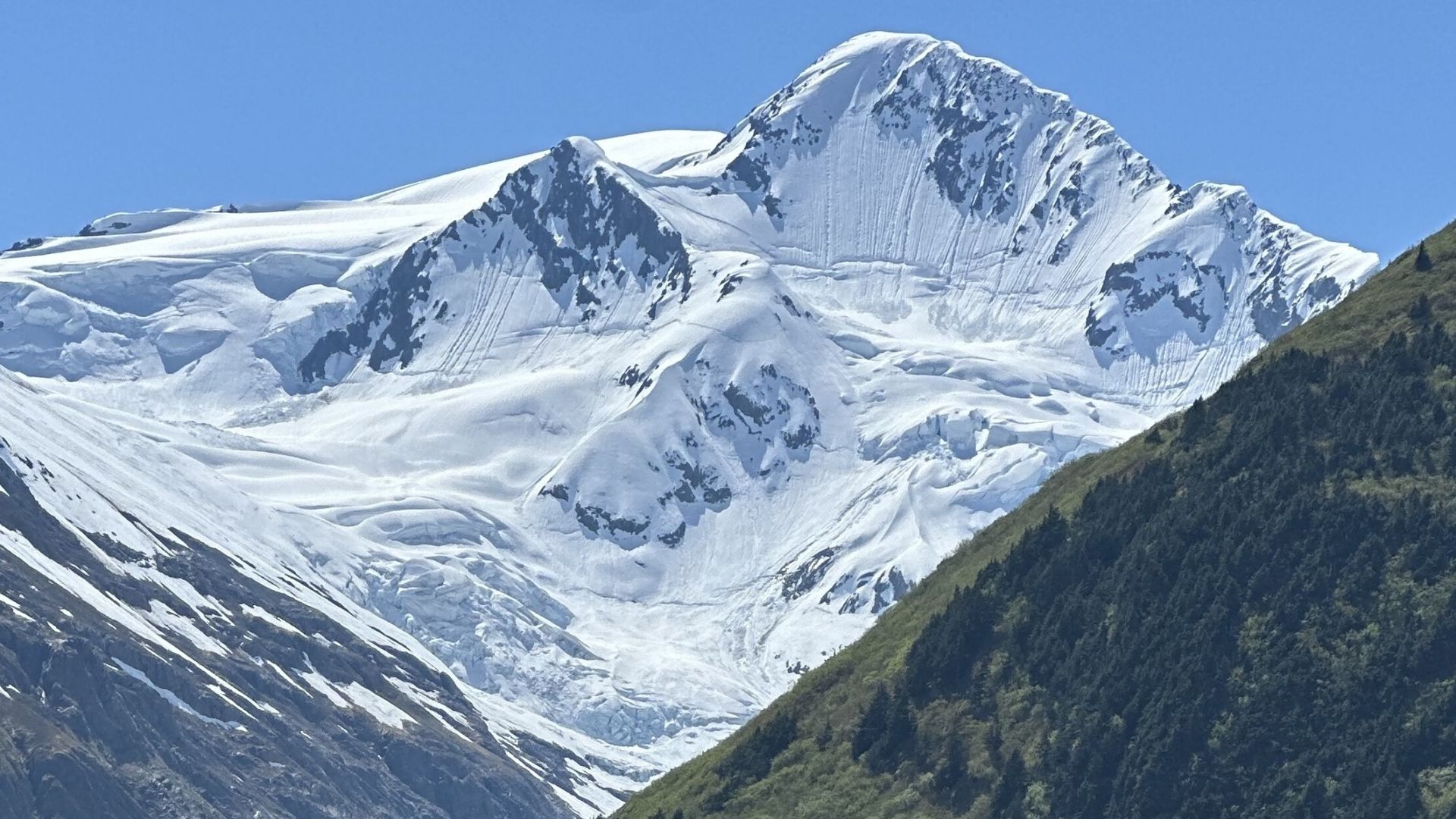 Een gletsjer in Alaska tegen een blauwe lucht. Op de voorgrond is een groene, met bomen begroeide berg te zien.