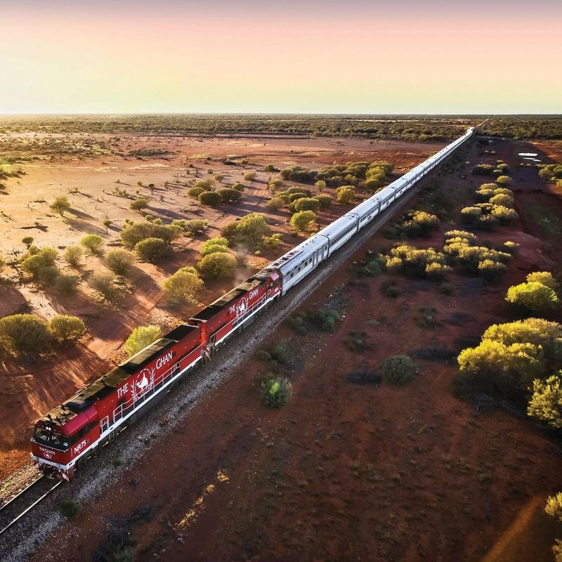 Fahrender Zug The Ghan im Outback Australiens