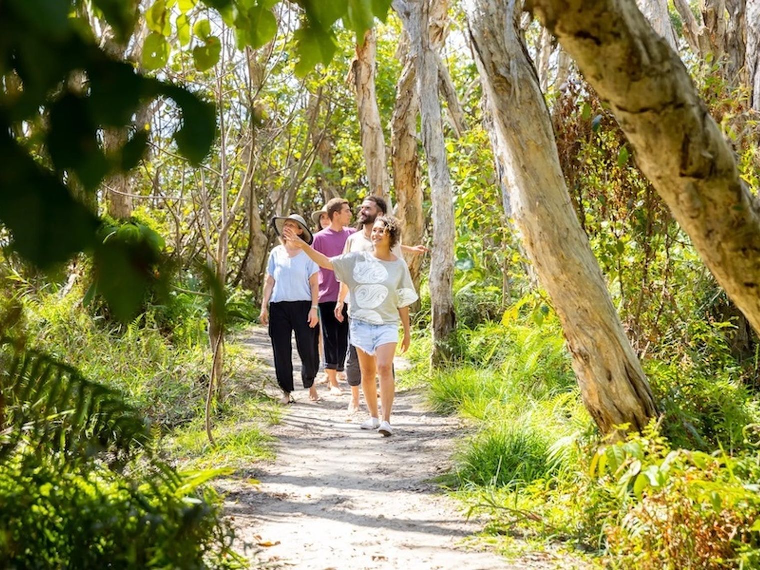 Ein einheimischer Führer nimmt eine Gruppe mit auf eine Tour durch einen Wald in Brisbane, Australien