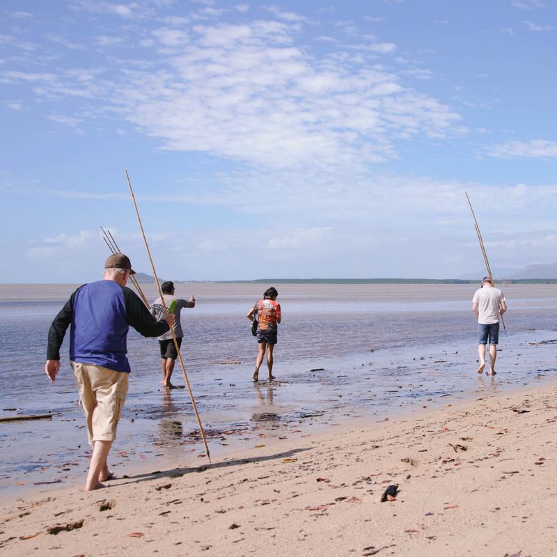 A group of people with a local guide walk along a beach with fishing spears in Tropical Queensland