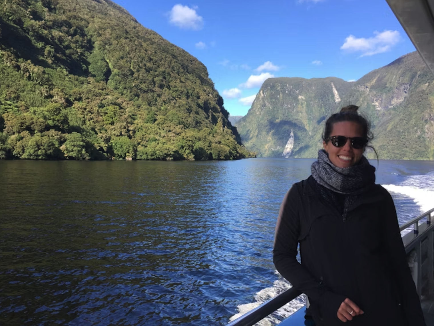 TravelEssence product manager Brooke on on a boat trip in Fiordland, New Zealand