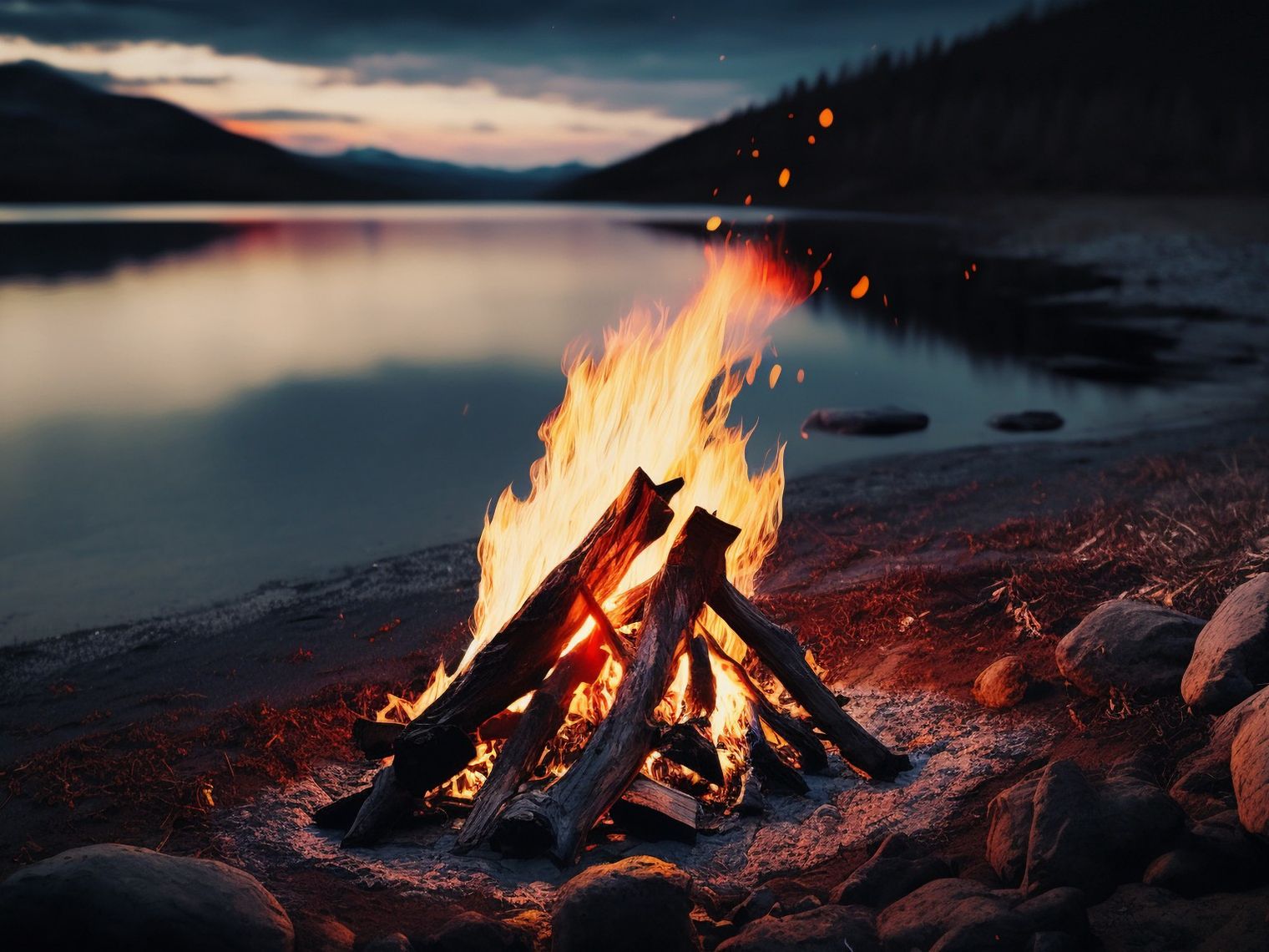 Lagerfeuer am ruhigen Seeufer bei Sonnenuntergang in Kanada