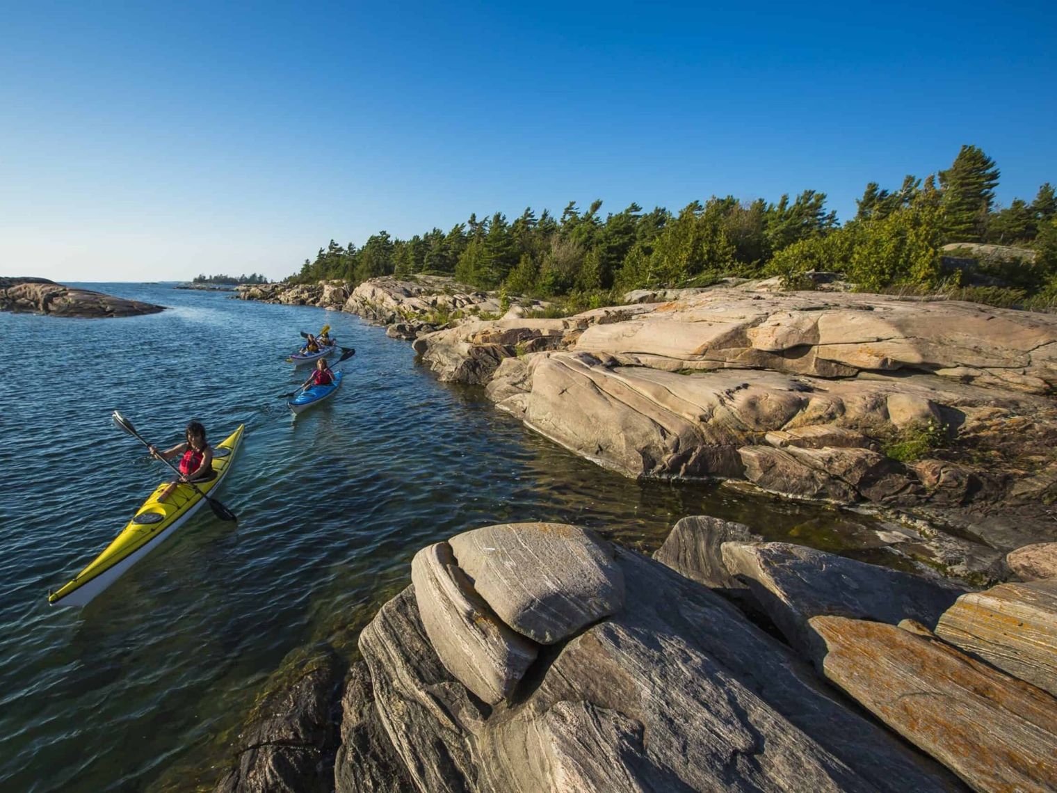 Eine Gruppe von Kayak-Fahrern gleitet an Inseln vorbei durch unberührte Natur in Kanada