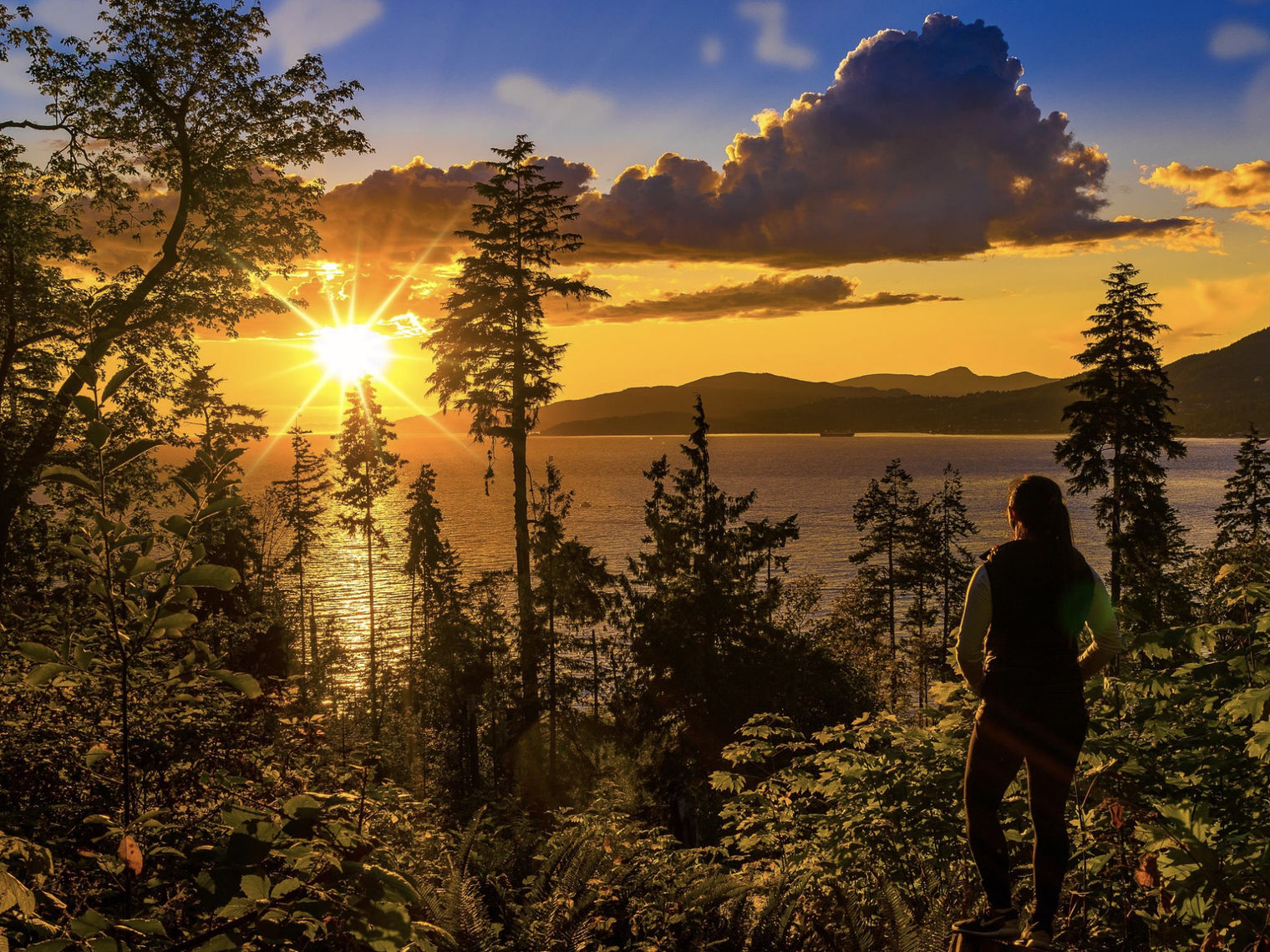 Ein Wanderer steht in einem Küstenwald und beobachtet einen leuchtend goldenen Sonnenuntergang über dem Wasser und den Berginseln von Vancouver Island, British Columbia, Kanada