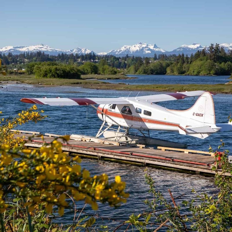 A small seaplane is docked on Vancouver Island with snowy mountains in the background and trees surrounding