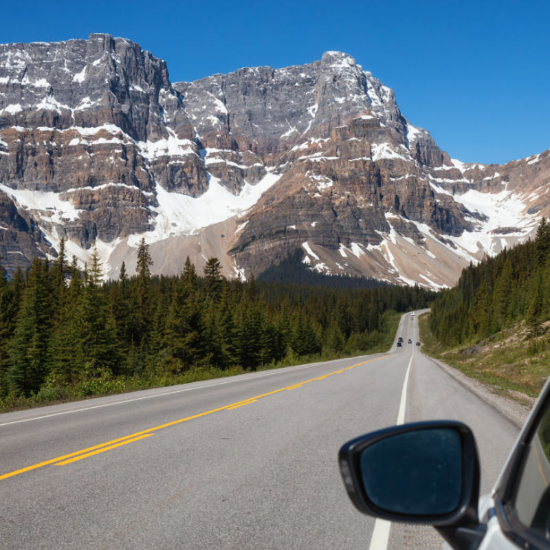 Uitzicht vanuit een autoraam tijdens een rit over de Icefields Parkway door de Canadese Rockies, met besneeuwde bergtoppen en dennenbossen die zich uitstrekken onder een helderblauwe hemel, Alberta, Canada