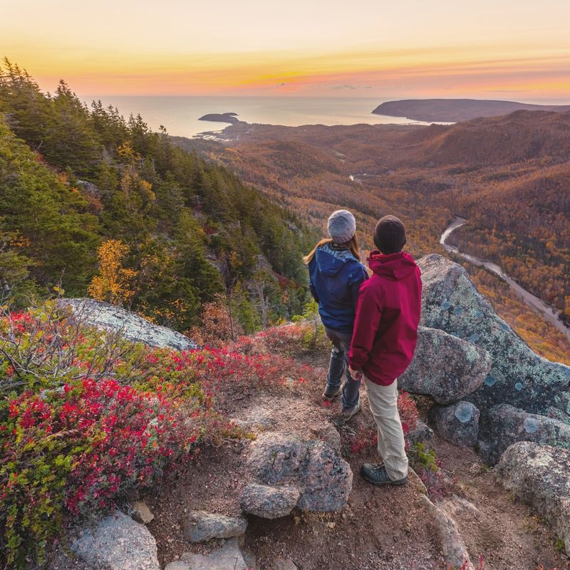 Two people look out at over an autumnal forest landscape with the ocean in the distance on Cape Breton Island