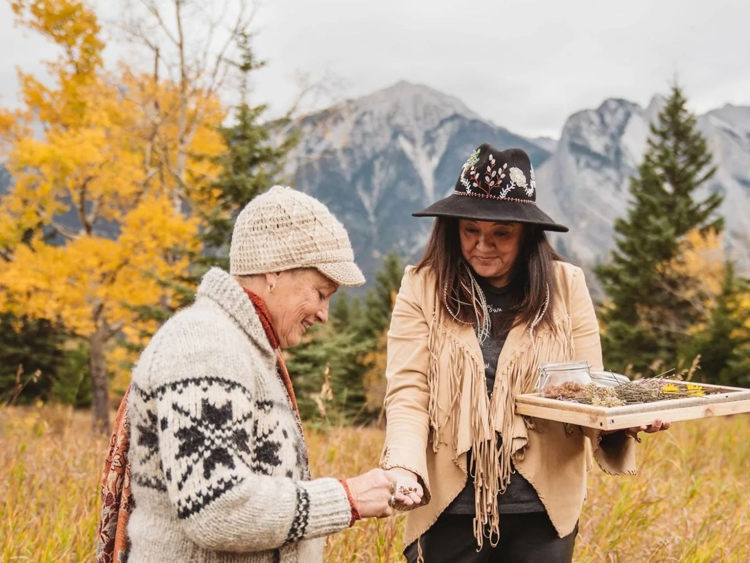 Indigenous female guide shows a woman medicinal herbs in a meadow.