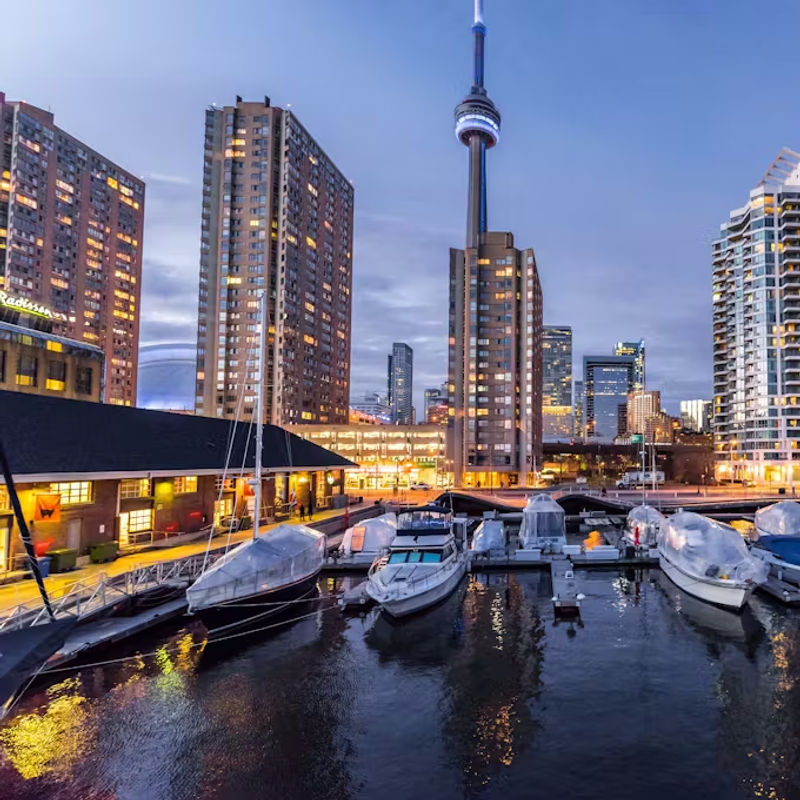 Boten die ’s nachts in de haven van Toronto liggen, met op de achtergrond de skyline van de stad