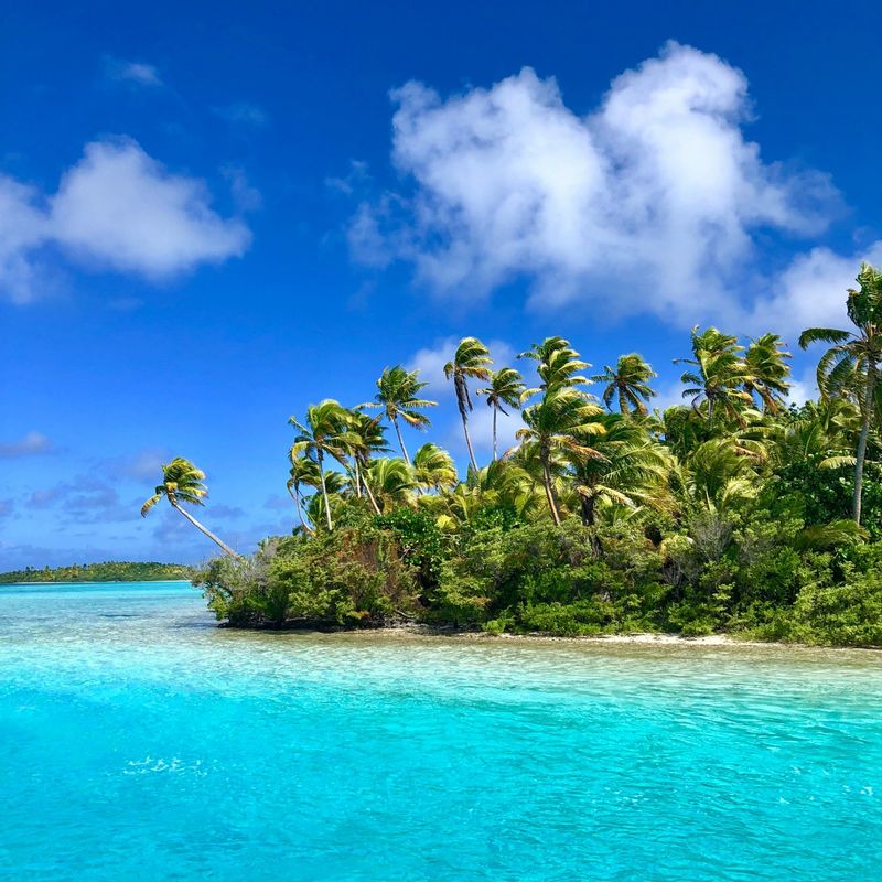 Turquoise water en een kustlijn met palmbomen