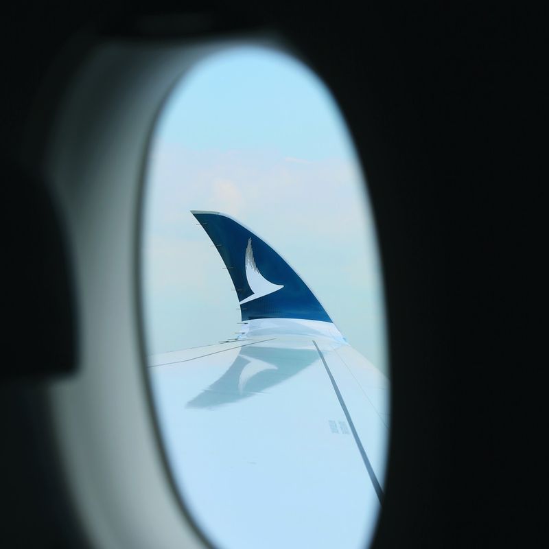 Aanzicht van een vliegtuigvleugel door het vliegtuigraampje. Op de vleugel is het logo van Cathay Pacific zichtbaar.