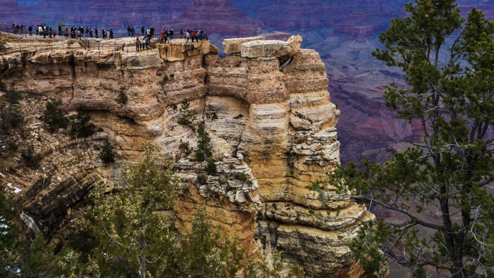 Een groep mensen op een uitzichtpunt van de Grand Canyon in de Verenigde Staten