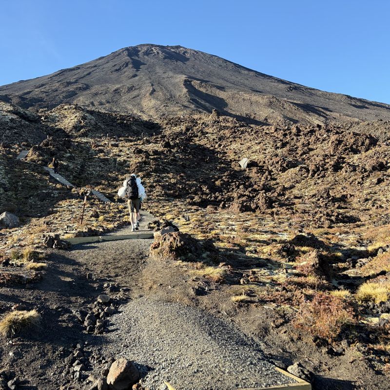 Wandelaar op het grindpad richting de Ngauruhoe tijdens de Tongariro Alpine Crossing, Nieuw-Zeeland