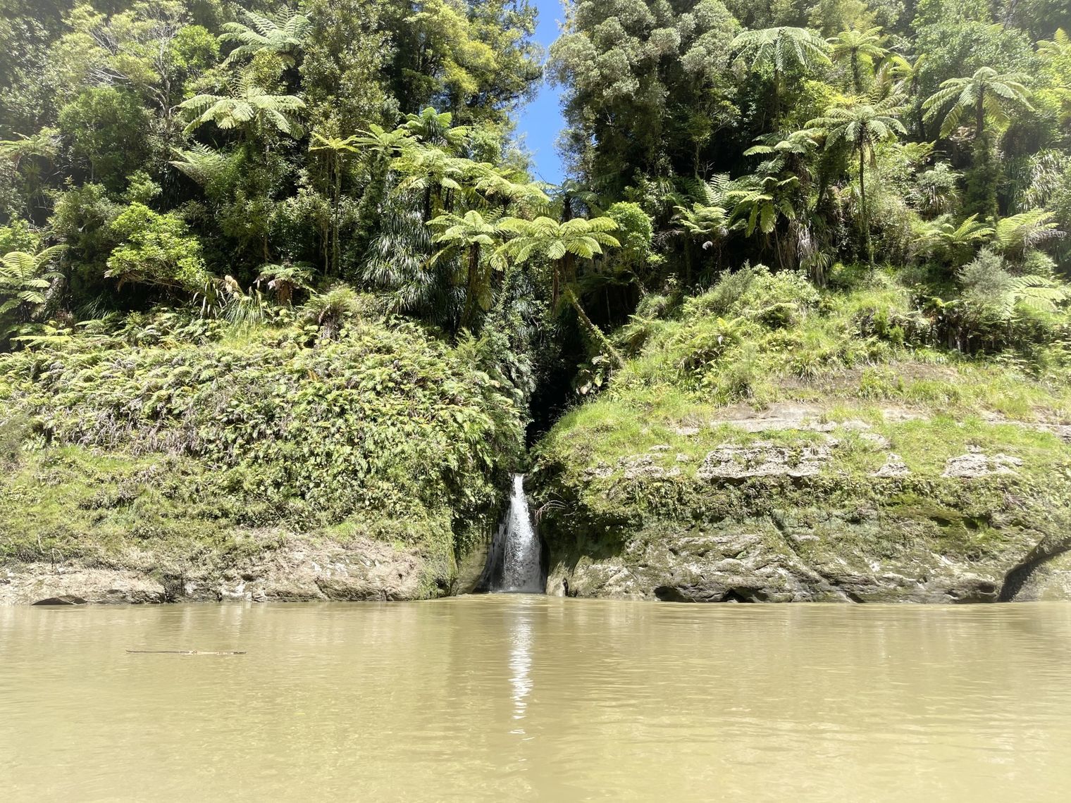 Uitzicht vanaf de rivier op een smalle kloof, waar een kleine waterval in de rivier uitmondt. Op de rivierklif torenen hoge palmbomen boven de kloof uit.