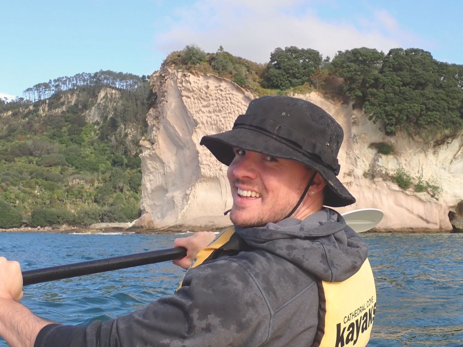 Kieran kayaking, Cathedral Cove