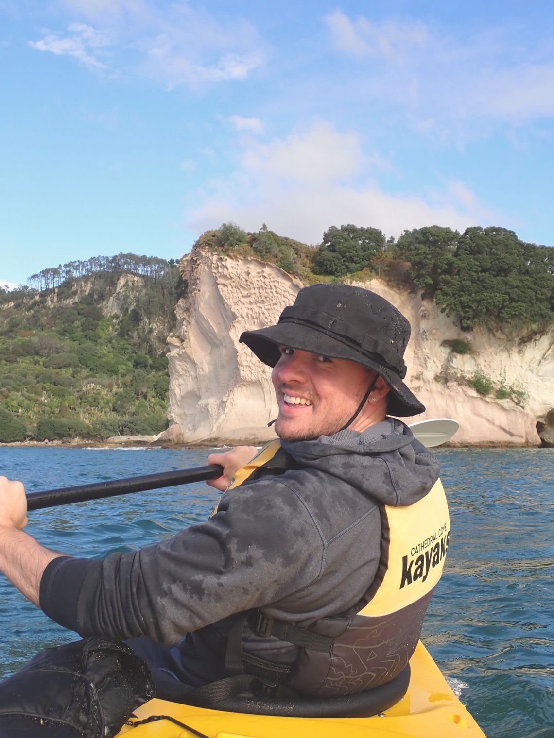 Kieran kayaking, Cathedral Cove